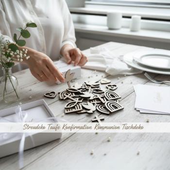 Preview: 25‑teiliges Holz‑Streudeko‑Set für Taufe, Kommunion, Konfirmation und Firmung.